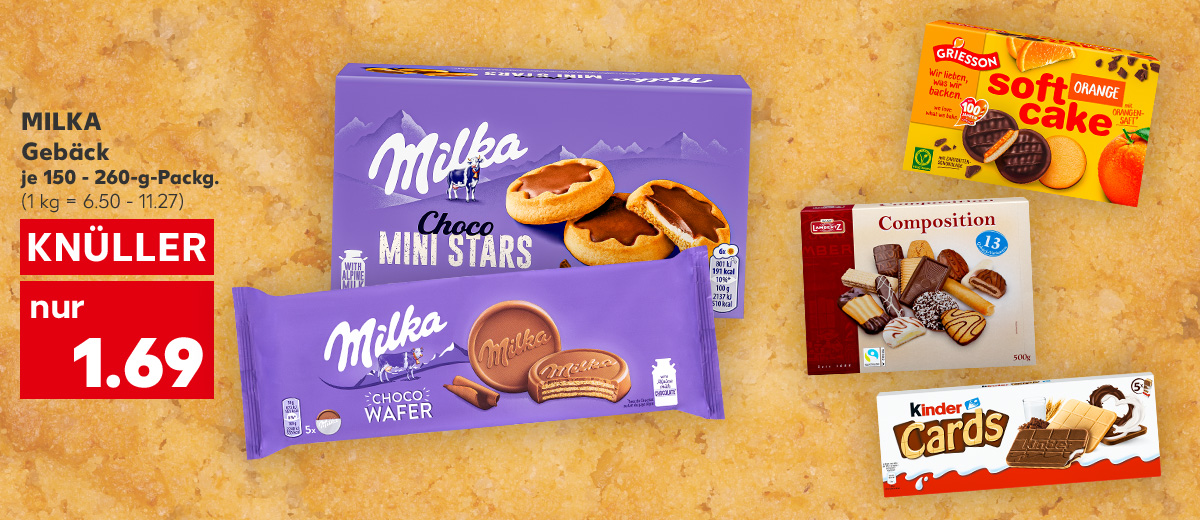 Milka Gebäck, versch. Sorten, je 150 - 260-g-Packg. für 1.69 Euro (1 kg = 6.50 - 11.27); Weitere Produktabbildungen: Griesson Soft Cake, Lambertz Composition Gebäckmischung, Kinder Cards