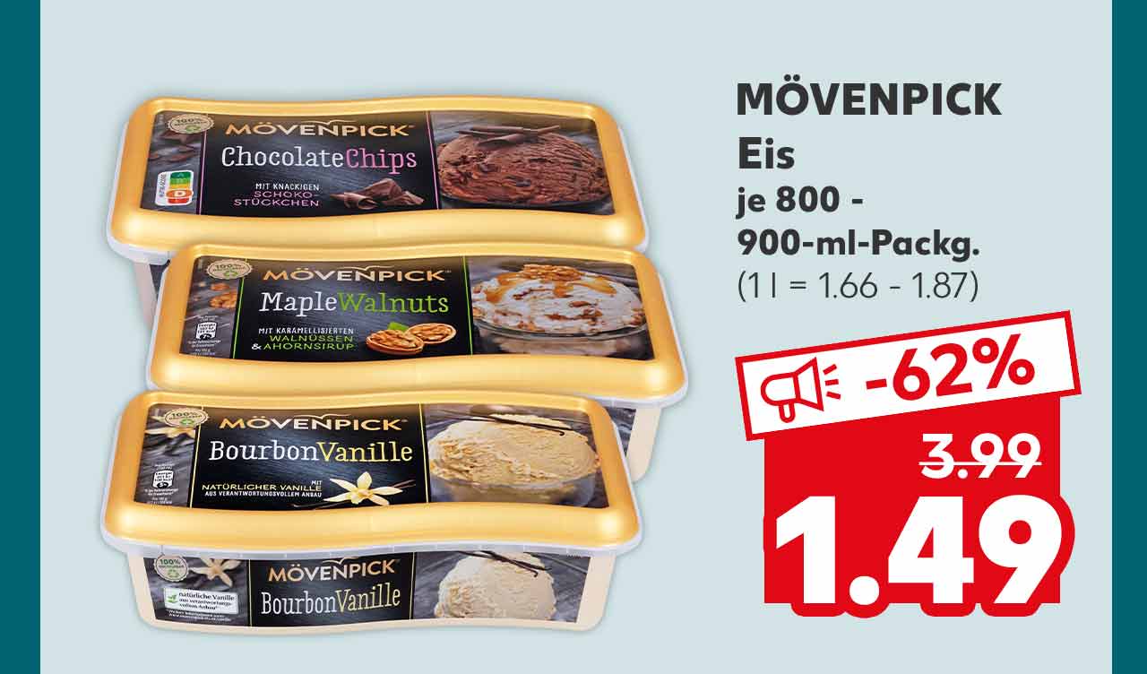 Mövenpick Eis, versch. Sorten, je 800 - 900-ml-Packg. für 1.49 Euro (1 l = 1.66 - 1.87)