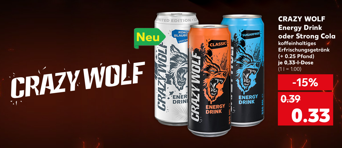 Crazy Wolf Energy Drink oder Strong Cola, versch. Sorten, koffeinhaltiges Erfrischungsgetränk, (+ 0.25 Pfand), je 0,33-l-Dose für 0.33 Euro (1 l = 1.00); Logo: Neu; Logo und Schriftzug: Crazy Wolf