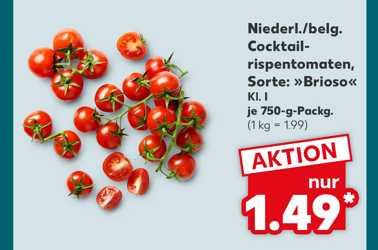 Niederl./belg. Cocktailrispentomaten, Sorte: »Brioso«, Kl. I, je 750-g-Packg. für 1.49 Euro* (1 kg = 1.99)