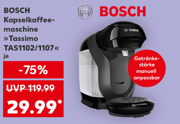 Bosch Kapselkaffeemaschine »Tassimo TAS1102/1107« Wassertank ca. 0,7 l, 1.400 W, je für 29.99 Euro* (UVP = 119.99 Euro); Logo: Bosch; Störer: Getränkestärke manuell anpassbar