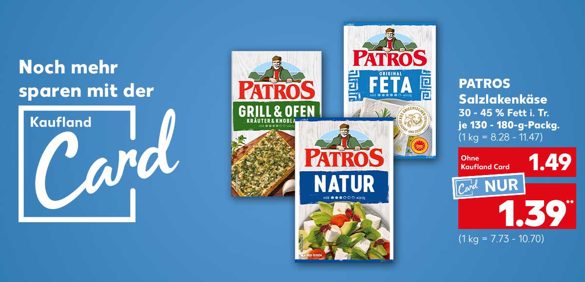 Schriftzug und Logo: Noch mehr sparen mit der Kaufland Card; Patros Salzlakenkäse, versch. Sorten, 30 - 45 % Fett i. Tr., je 130 - 180-g-Packg. für 1.49 Euro (1 kg = 8.28 - 11.47), Kaufland Card Preis: 1.39 Euro** (1 kg = 7.73 - 10.70)