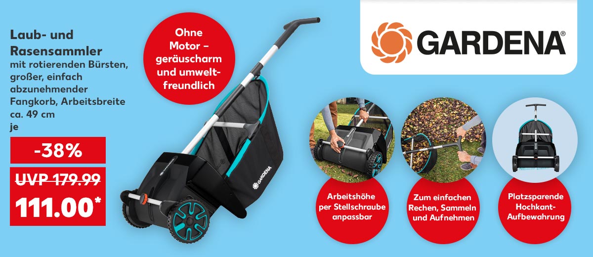 Logo: Gardena; Gardena Laub- und Rasensammler, mit rotierenden Bürsten, großer, einfach abzunehmender Fangkorb, Arbeitsbreite ca. 49 cm, je für 111.00 Euro* (UVP = 179.99 Euro); Störer: Ohne Motor – geräuscharm und umweltfreundlich; Störer und Abbildung: Arbeitshöhe per Stellschraube anpassbar; Störer und Abbildung: Zum einfachen Rechen, Sammeln und Aufnehmen; Störer und Abbildung: Platzsparende Hochkant-Aufbewahrung