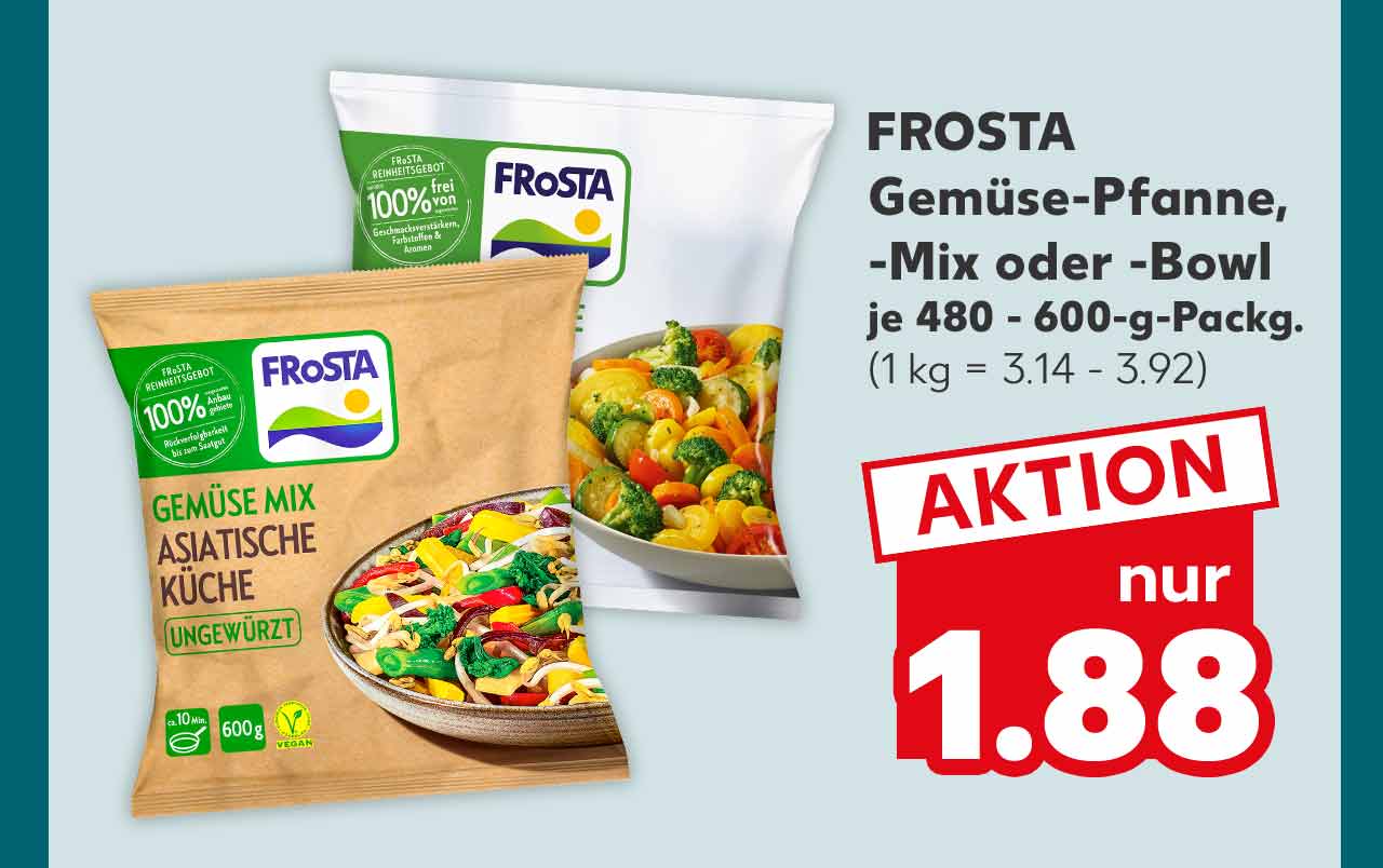 Frosta Gemüse-Pfanne, -Mix oder -Bowl, versch. Sorten, je 480 - 600-g-Packg. für 1.88 Euro (1 kg = 3.14 - 3.92)