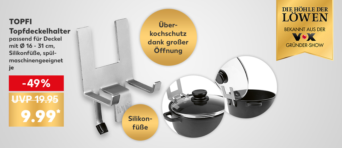 Topfi Topfdeckelhalter, aus rostfreiem Edelstahl, für Töpfe und Pfannen, passend für Deckel mit Ø 16 - 31 cm, spülmaschinengeeignet, je für 9.99 Euro* (UVP = 19.95 Euro); Störer: Überkochschutz dank großer Öffnung; Störer: Silikonfüße; Logo: Die Höhle der Löwen bekannt aus der Vox Gründer-Show