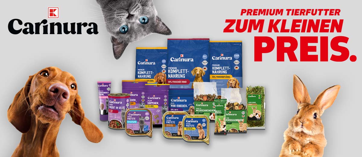 Logo: K-Carinura; Schriftzug: Premium Tierfutter zum kleinen Preis.; Abbildung: Eine Katze, ein Hund und ein Kaninchen; Abbildung: Verschiedene Produkte von K-Carinura