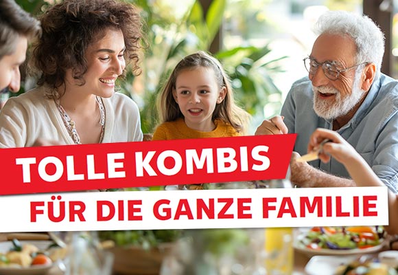 Abbildung: Familie beim Essen im Freien; Schriftzug: Tolle Kombis für die ganze Familie