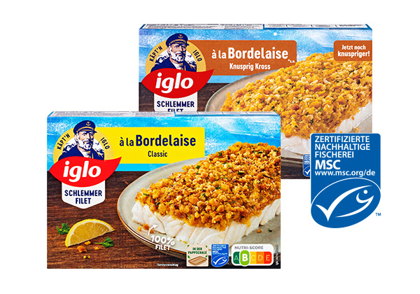 Iglo Schlemmer-Filet, versch. Sorten; Logo: Msc-zertifizierte nachhaltige Fischerei