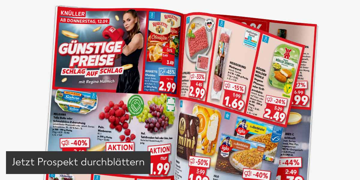 Abbildung: Prospekt wird durchgeblättert; Button: Jetzt Prospekt durchblättern