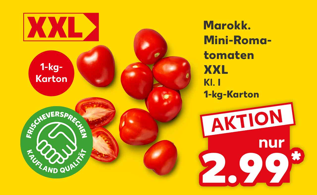 Marokk. Mini-Romatomaten, Kl. I, 1-kg-Karton für 2.99 Euro*; Störer: 1-kg-Karton; Logo: Frischeversprechen Kaufland Qualität