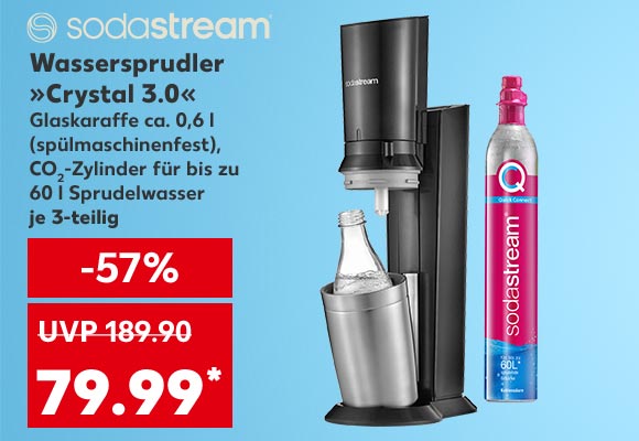 Logo: SodaStream; SodaStream Wassersprudler »Crystal 3.0«, Glaskaraffe ca. 0,6 l (spülmaschinenfest), CO² -Zylinder für bis zu 60 l Sprudelwasser, je 3-teilig für 79.99 Euro* (UVP = 189.90)