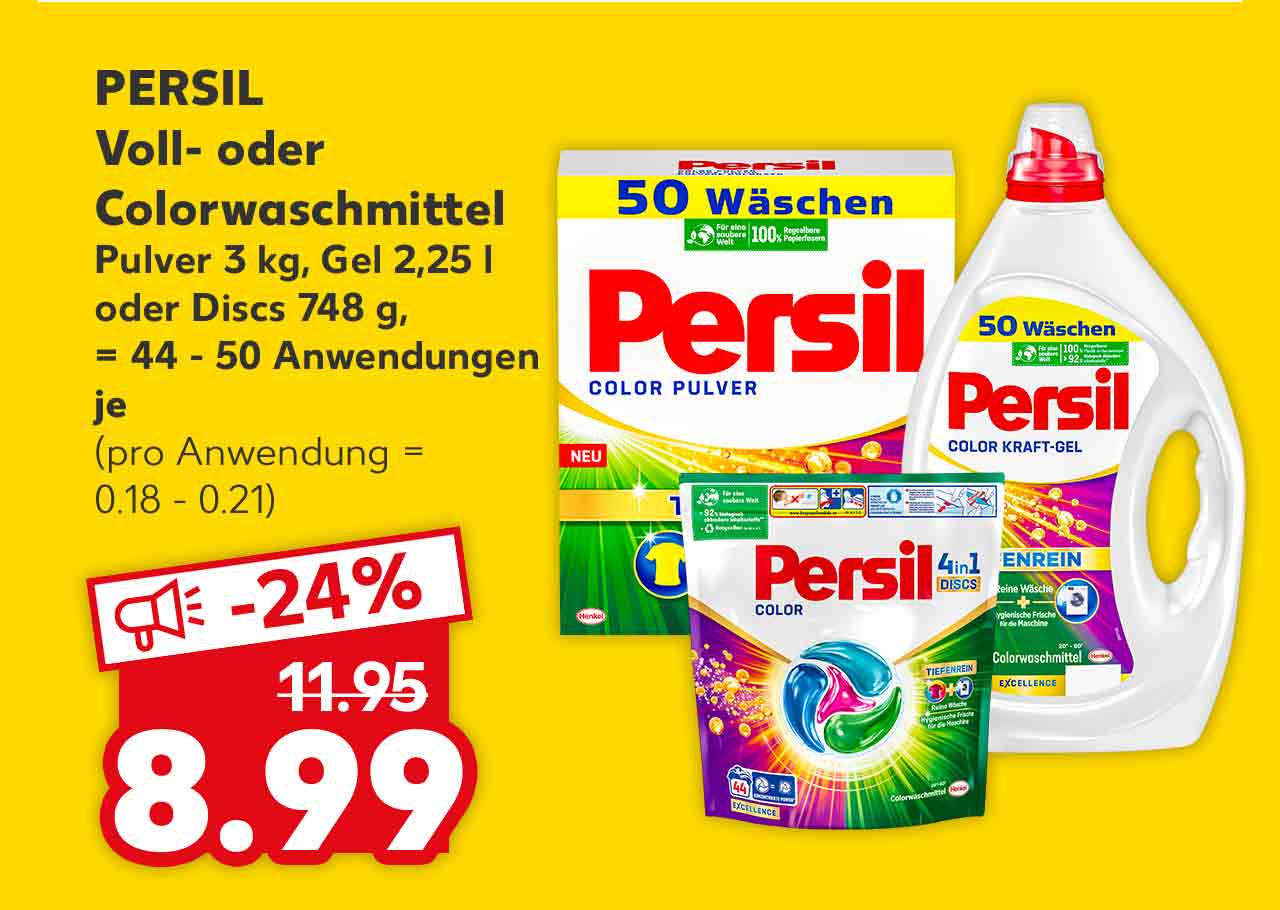 Persil Voll- oder Colorwaschmittel, Pulver 3 kg, Gel 2,25 l oder Discs 748 g, = 44 - 50 Anwendungen, je für 8.99 Euro (pro Anwendung = 0.18 - 0.21)