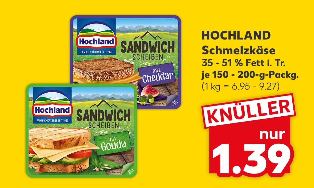 Hochland Schmelzkäse, versch. Sorten, 35 - 51 % Fett i. Tr., je 150 - 200-g-Packg. für 1.39 Euro (1 kg = 6.95 - 9.27) 