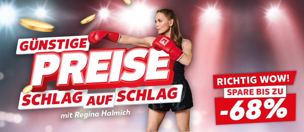 Schriftzug: Günstige Preise Schlag auf Schlag mit Regina Halmich; Abbildung: Regina Halmich mit Boxhandschuhen; Störer: Richtig wow! Spare bis zu -68%