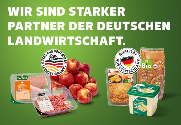 Schriftzug: Wir sind starker Partner der deutschen Landwirtschaft; Logo: Gutes aus deutscher Landwirtschaft; Logo: Qualität aus Deutschland; Abbildung: Verschiedene Produkte mit dem Logo „Gutes aus deutscher Landwirtschaft”; Abbildung: Verschiedene Produkte mit dem Logo „Qualität aus Deutschland”