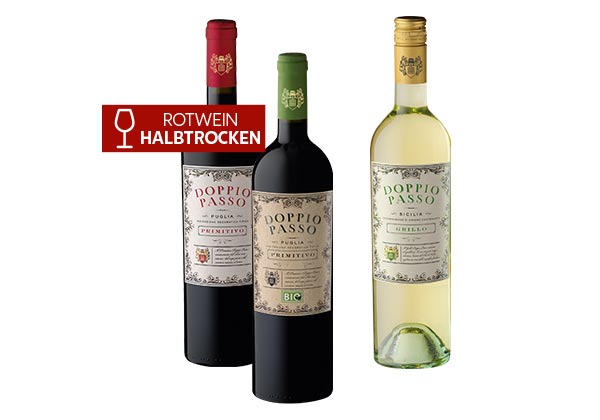 Doppio Passo Primitivo Igt oder Grillo Doc, versch. Sorten; Störer: Rotwein halbtrocken