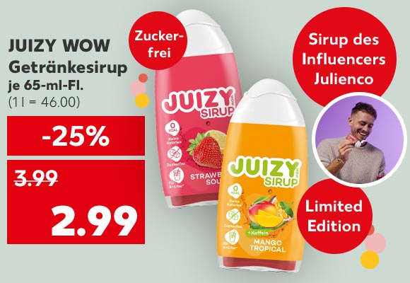 Juizy Wow Getränkesirup, versch. Sorten, je 65-ml-Fl. für 2.99 Euro (1 l = 46.00); Störer: Zuckerfrei; Störer: Sirup des Influencers Julienco; Störer: Limited Edition; Abbildung: Influencer Julienco