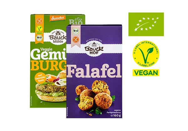 Bauck Mühle Bio-Falafel- oder -Burgermischung, versch. Sorten; Logo: Eu-Bio; Logo: Vegan