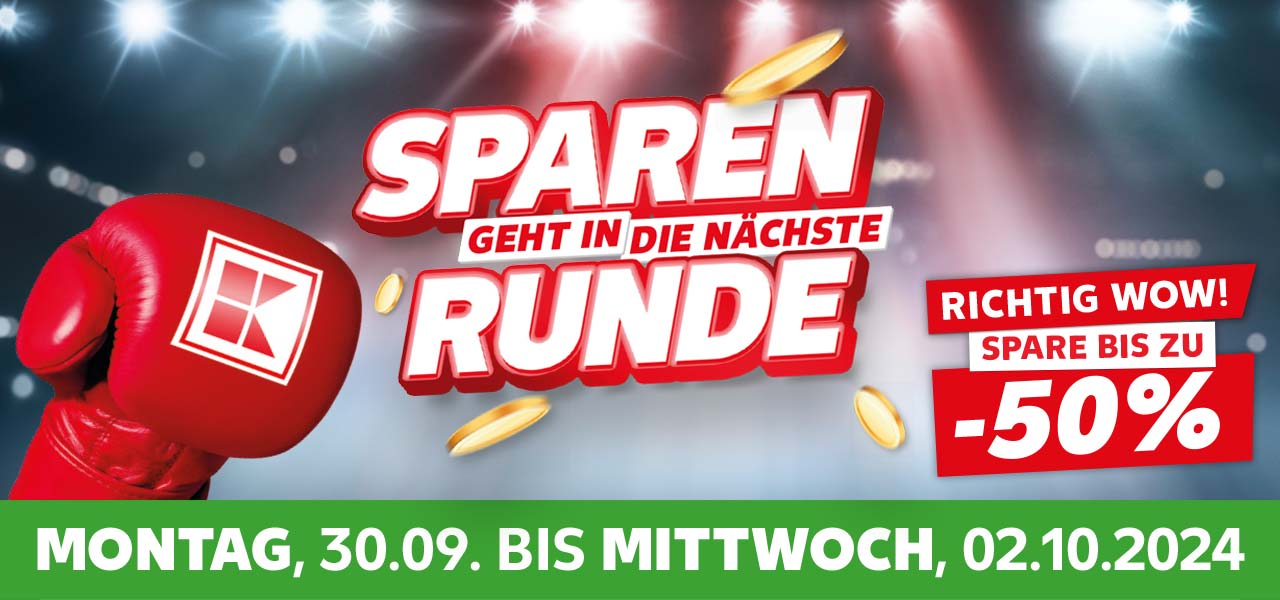 Schriftzug: Sparen geht in die nächste Runde; Montag, 30.09. bis Mittwoch, 02.10.2024; Störer: Richtig Wow! Spare bis zu -50%