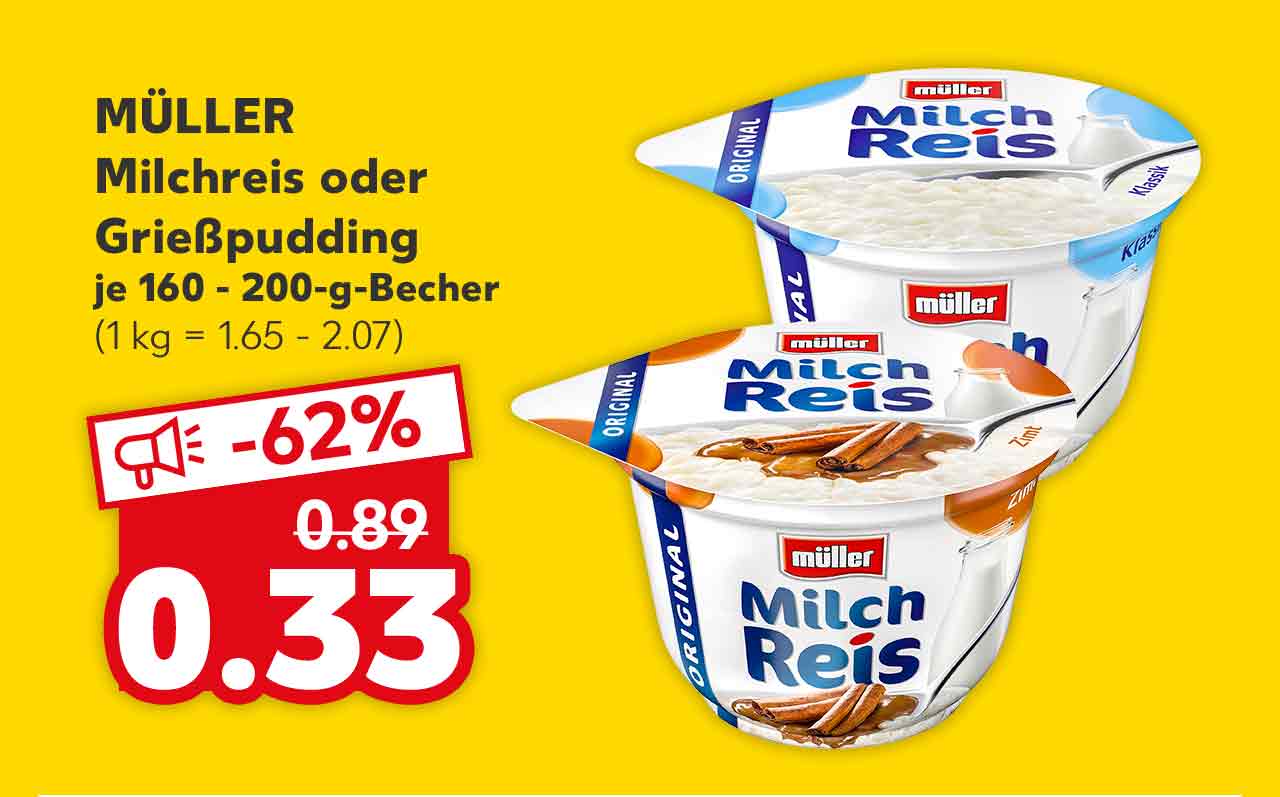 Müller Milchreis oder Grießpudding, versch. Sorten, je 160 - 200-g-Becher für 0.33 Euro (1 kg = 1.65 - 2.07)