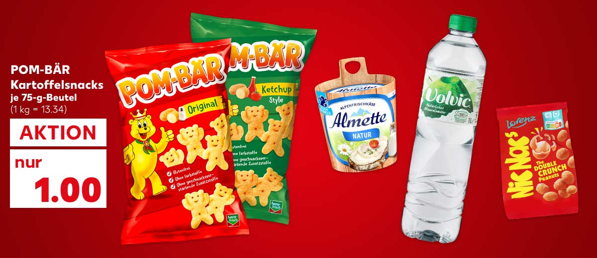 Pom-Bär Kartoffelsnacks, versch. Sorten, je 75-g-Beutel für 1.00 Euro (1 kg = 13.34); Weitere Produktabbildungen: Volvic Touch oder Tee, Lorenz Nic Nac's, Almette Alpenfrischkäse