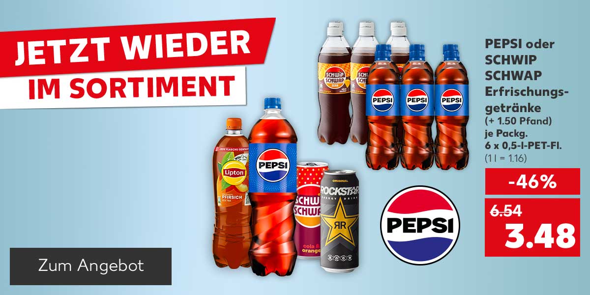 Schriftzug: Jetzt wieder im Sortiment: Pepsi oder Schwip Schwap Erfrischungsgetränke, versch. Sorten, (+ 1.50 Pfand), je Packg. 6 x 0,5-l-PET-Fl. für 3.48 Euro (1 l = 1.16); Logo: Pepsi; Button: Zum Angebot