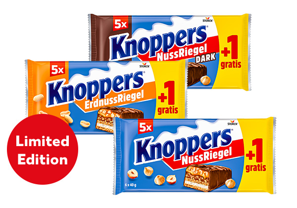 Knoppers Riegel, versch. Sorten; Störer an Sorte Erdnuss: Limited Edition