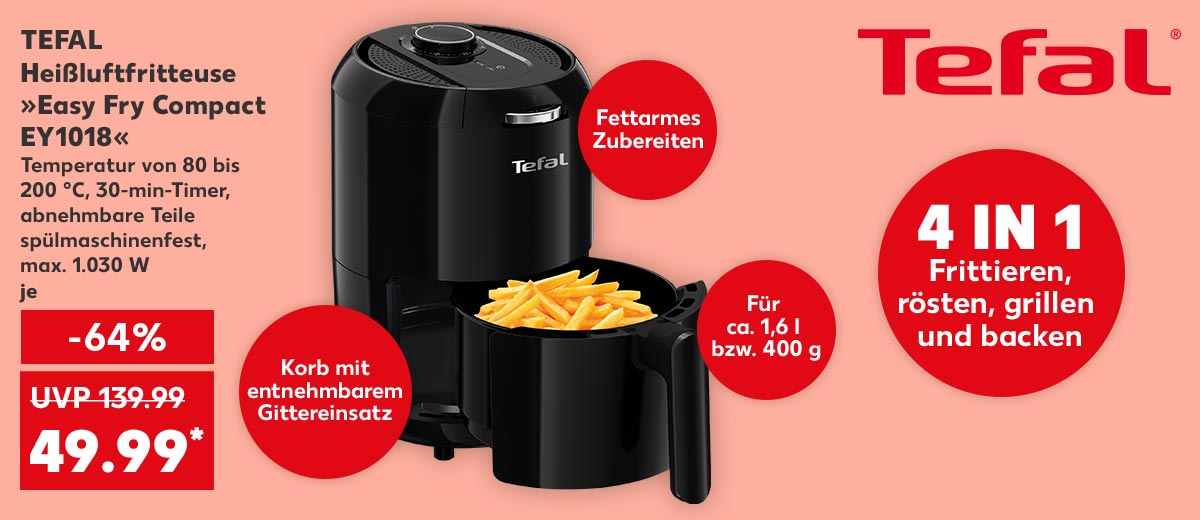 Logo: Tefal, Tefal Heißluftfritteuse »Easy Fry Compact EY1018«, Temperatur von 80 bis 200 °C, 30-min-Timer, abnehmbare Teile spülmaschinenfest, max. 1.030 W je für 49.99 Euro (UVP = 139.99 Euro); Störer: Fettarmes Zubereiten; Störer: Für ca. 1,6 l bzw. 400 g; Störer: Korb mit entnehmbarem Gittereinsatz; Störer: 4 in 1, Frittieren, rösten, grillen und backen