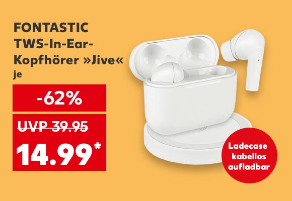 Logo: Fontastic; Fontastic Tws-In-Ear-Kopfhörer »Jive«, je für 14.99 Euro* (UVP = 39.95 Euro); Störer: Ladecase kabellos aufladbar