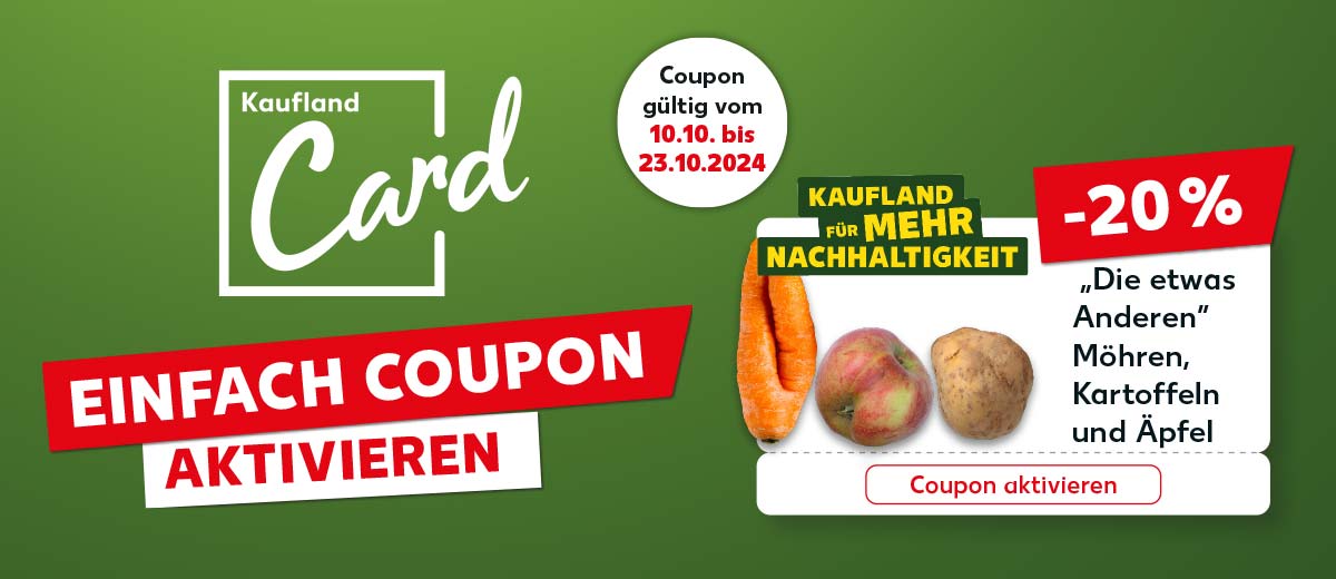 Logo: Kaufland Card; Schriftzug: Einfach Coupon aktivieren; Störer: Coupon gültig vom 10.10. bis 23.10.2024; Abbildung: Coupon: -20 %, „Die etwas Anderen“ Möhren, Kartoffeln und Äpfel, Coupon aktivieren, Logo: Kaufland für mehr Nachhaltigkeit