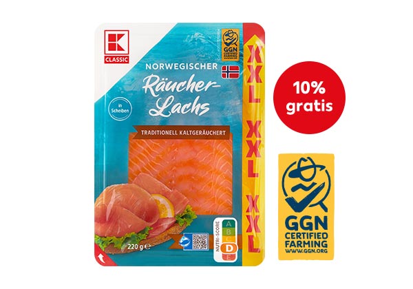 K-Classic Räucherlachs; Logo: Ggn; Störer: 10% Inhalt gratis