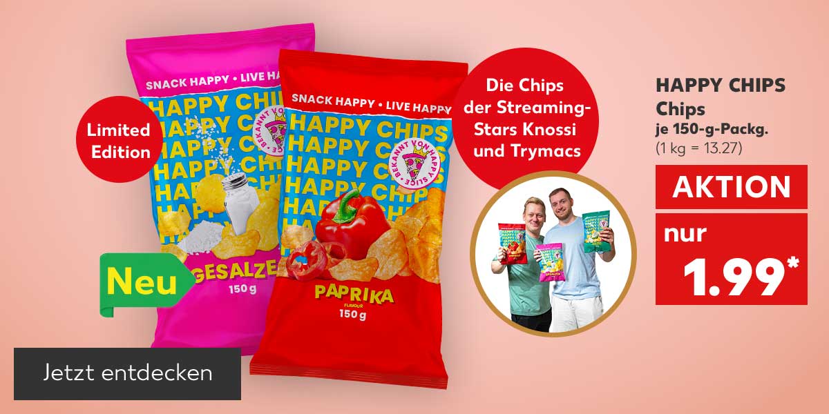 Happy Chips Chips, versch. Sorten, je 150-g-Packg. für 1.99 Euro* (1 kg = 13.27); Störer: Limited Edition; Störer: Die Chips der Streaming-Stars Knossi und Trymacs; Logo: Neu: Abbildung: Streaming-Stars Knossi und Trymacs mit Chips von Happy Chips; Button: Jetzt entdecken