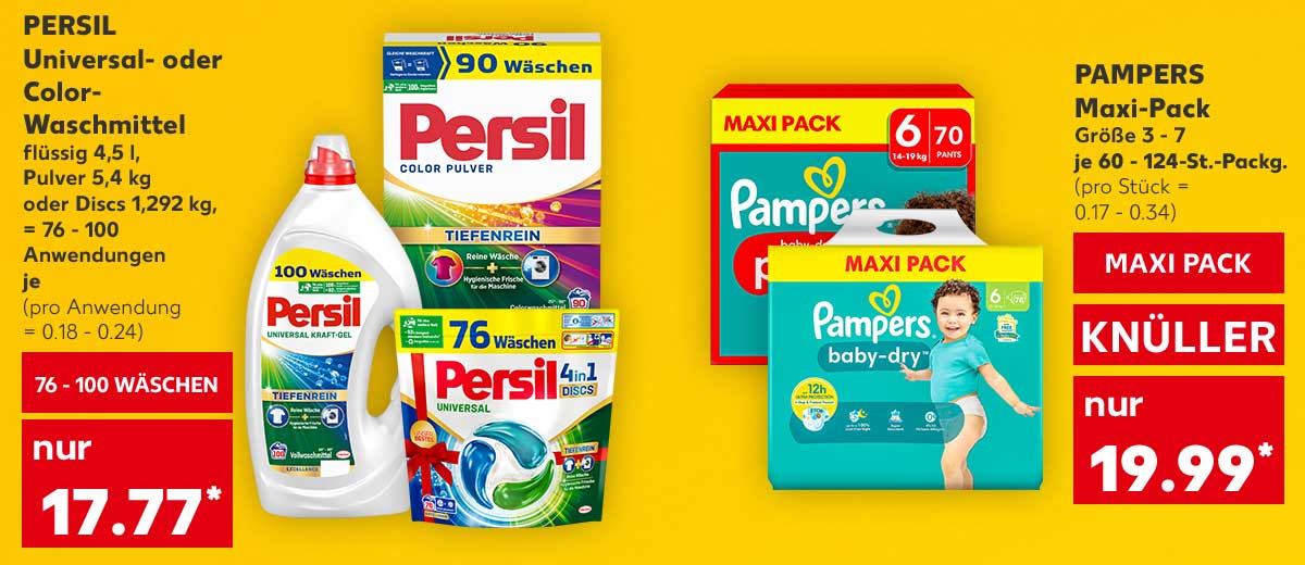 Persil Universal- oder Color-Waschmittel, flüssig 4,5 l, Pulver 5,4 kg oder Discs 1,292 kg, = 76 - 100 Anwendungen, je, 76 - 100 Wäschen für 17.77 Euro* (pro Anwendung = 0.18 - 0.24); Pampers Maxi-Pack, Größe 3 - 7, je 60 - 124-St.-Packg., Maxi Pack für 19.99 Euro* (pro Stück = 0.17 - 0.34)