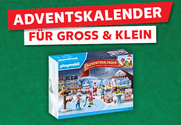 Schriftzug: Adventskalender für groß & klein; Abbildung: Playmobil Adventskalender