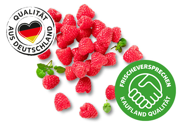 Dtsch. Himbeeren; Logo: Frischeversprechen Kaufland Qualität; Logo: Qualität aus Deutschland