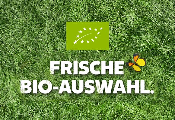 Logo: Eu-Bio; Schriftzug: Frische Bio-Auswahl