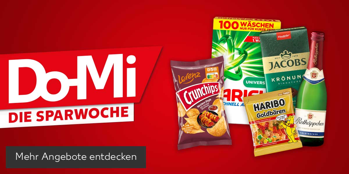 Schriftzug: Do-Mi, Die Sparwoche; Produktabbildungen: Lorenz Crunchips, Ariel Voll- oder Colorwaschmittel, Jacobs Krönung oder Café Hag Kaffee, Haribo Fruchtgummis oder Lakritze, Rotkäppchen Piccolo-Sekt; Button: Mehr Angebote entdecken