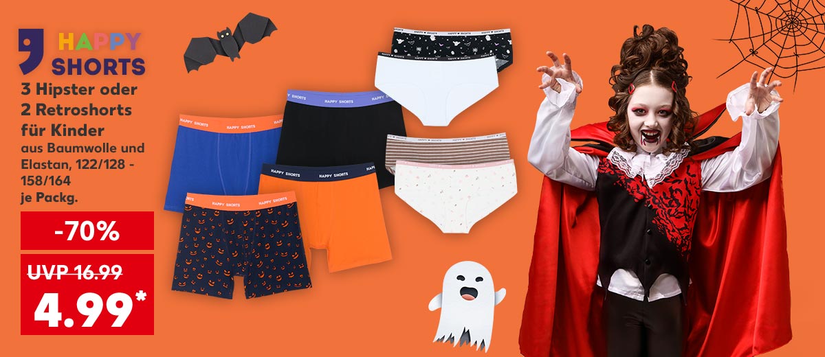 Logo: Happy Shorts; Happy Shorts 3 Hipster oder 2 Retroshorts für Kinder, aus Baumwolle und Elastan, 122/128 - 158/164, je Packg. für 4.99 Euro* (UVP = 16.99 Euro); Abbildung: Ein Mädchen in einem Halloween Kostüm