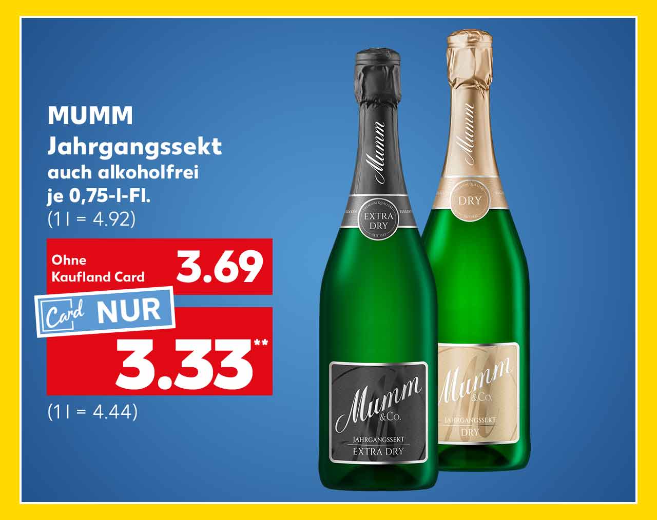 Mumm Jahrgangssekt, versch. Sorten, je 0,75-l-Fl. für 3.69 Euro (1 l = 4.92); Kaufland Card Preis: 3.33 Euro** (1 l = 4.44)