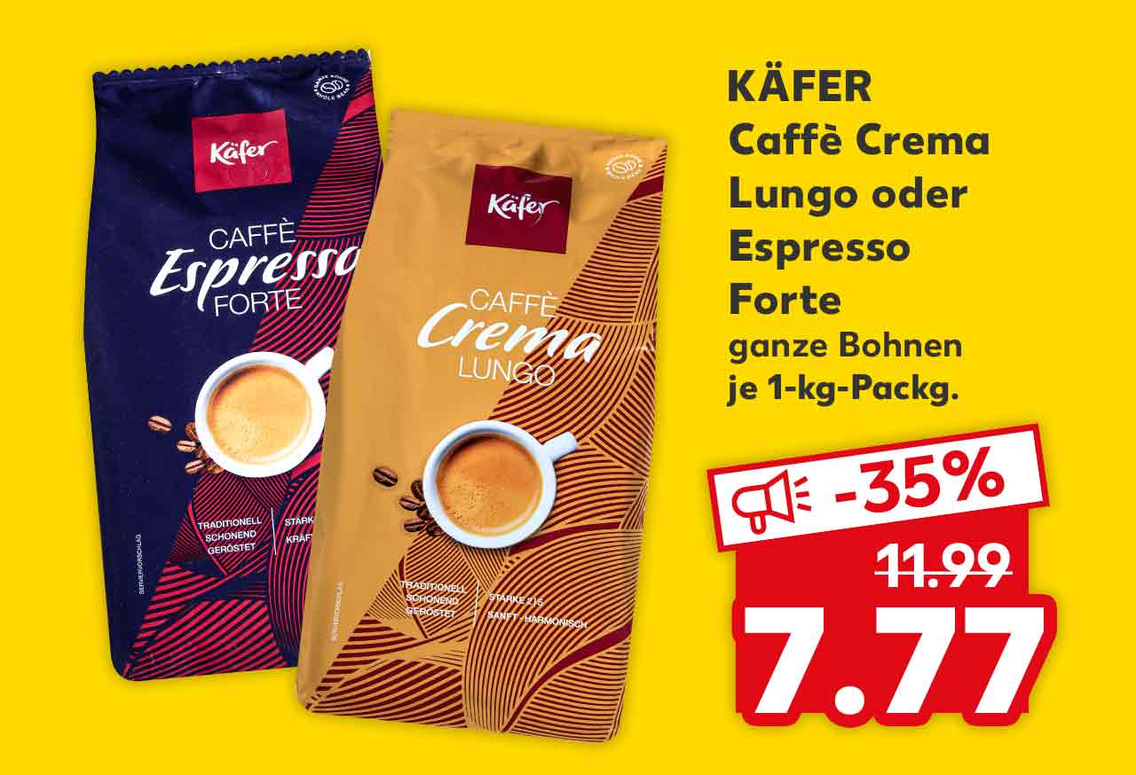 Käfer Caffè Crema Lungo oder Espresso Forte, versch. Sorten, ganze Bohnen, je 1-kg-Packg. für 7.77 Euro