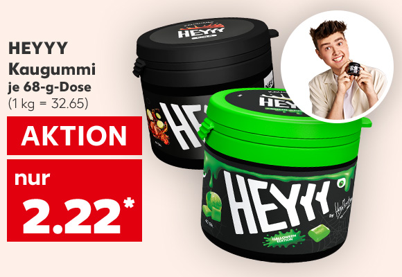 Heyyy Kaugummi, versch. Sorten, je 68-g-Dose für 2.22 Euro* (1 kg = 32.65); Abbildung: Influencer HeyMoritz