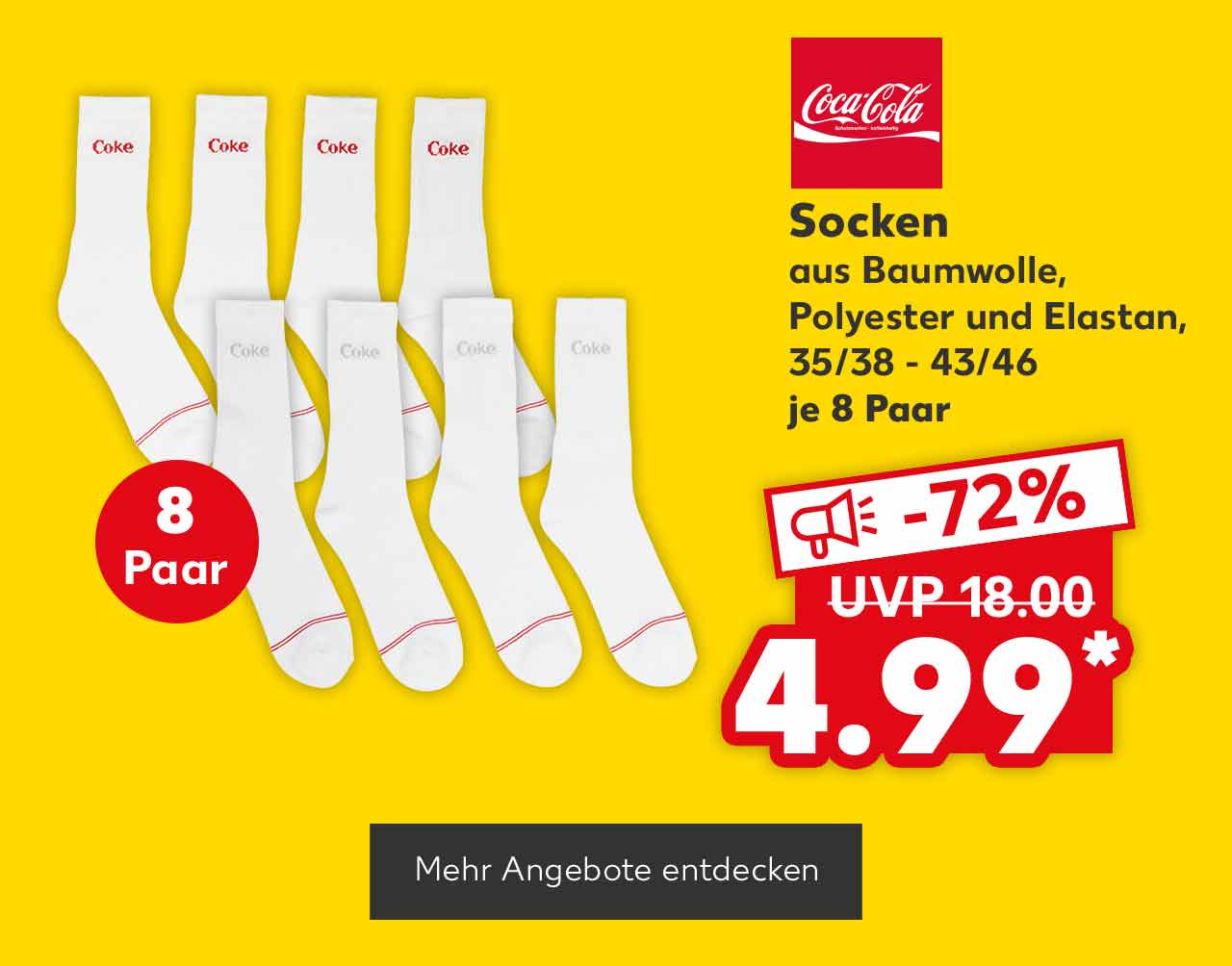 Logo: Coca Cola ; Coca Cola Socken, aus Baumwolle, Polyester und Elastan, 35/38 - 43/46, je 8 Paar für 4.99 Euro* (UVP = 18.00 Euro); Button: Mehr Angebote entdecken