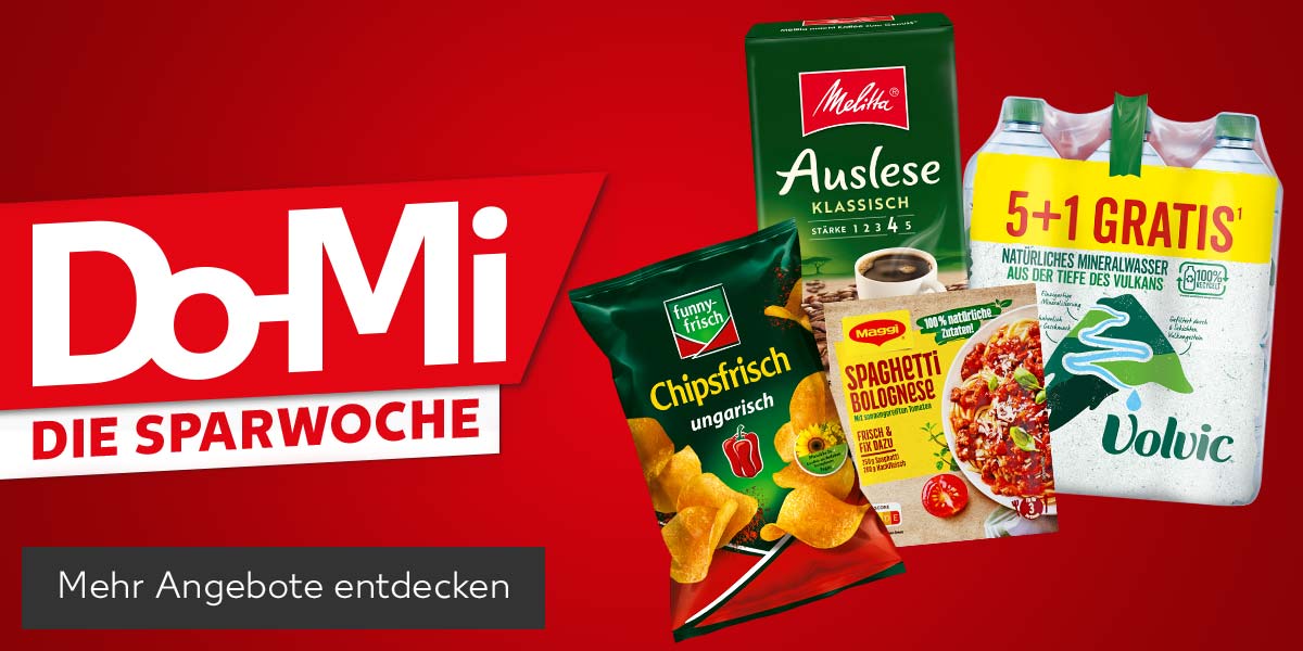 Schriftzug: Do-Mi, Die Sparwoche; Produktabbildungen: Funny-Frisch Chipsfrisch oder Ofenchips, Melitta Kaffee, Maggi Fix oder Würzpaste, Volvic Naturelle; Button: Mehr Angebote entdecken