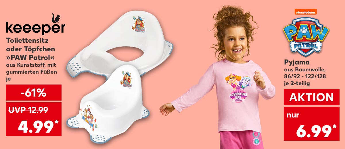 Logo: keeeper; Toilettensitz oder Töpfchen »Paw Patrol«, aus Kunststoff, mit gummierten Füßen, je 4.99 Euro* (UVP = 12.99 Euro); Logo: nickelodeon; Logo: Paw Patrol; Pyjama, aus Baumwolle, 86/92 - 122/128, je 2-teilig für 6.99 Euro*