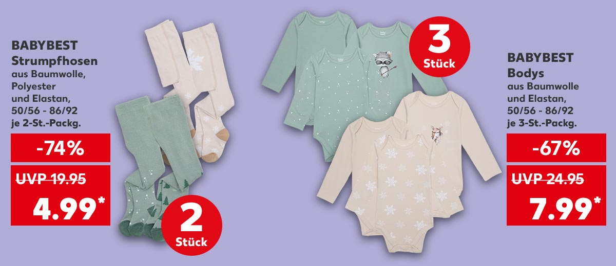 Babybest Strumpfhosen, aus Baumwolle, Polyester und Elastan, 50/56 - 86/92, je 2-St.-Packg. für 4.99 Euro* (UVP = 19.95 Euro); Störer: 2 Stück; Babybest Bodys, aus Baumwolle und Elastan, 50/56 - 86/92, je 3-St.-Packg. für 7.99 Euro* (UVP = 24.95 Euro); Störer: 3 Stück