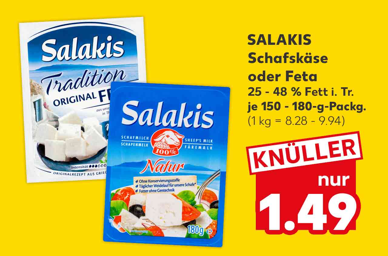 Salakis Schafskäse oder Feta, versch. Sorten, 25 - 48 % Fett i. Tr., je 150 - 180-g-Packg. für 1.49 Euro (1 kg = 8.28 - 9.94)