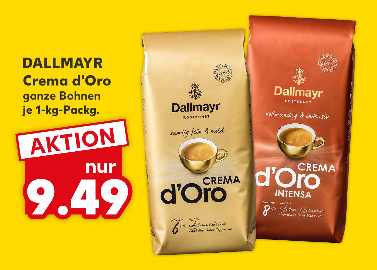Dallmayr Crema d'Oro, versch. Sorten, ganze Bohnen, je 1-kg-Packg. für 9.49 Euro