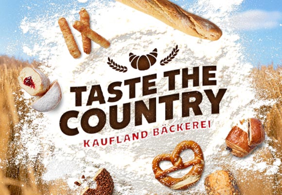Abbildung: Verschiedene Backwaren aus unserer Bäckerei; Schriftzug: Taste the country, Kaufland Bäckerei