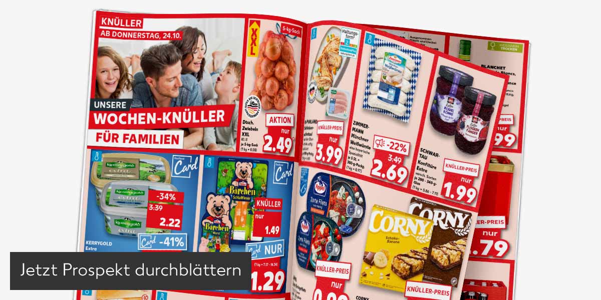 Abbildung: Prospekt wird durchgeblättert; Button: Jetzt Prospekt durchblättern