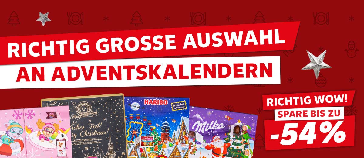 Schriftzug: Richtig große Auswahl an Adventskalendern; Störer: Richtig wow! Spare bis zu -54%; Abbildung: Verschiedene Adventskalender